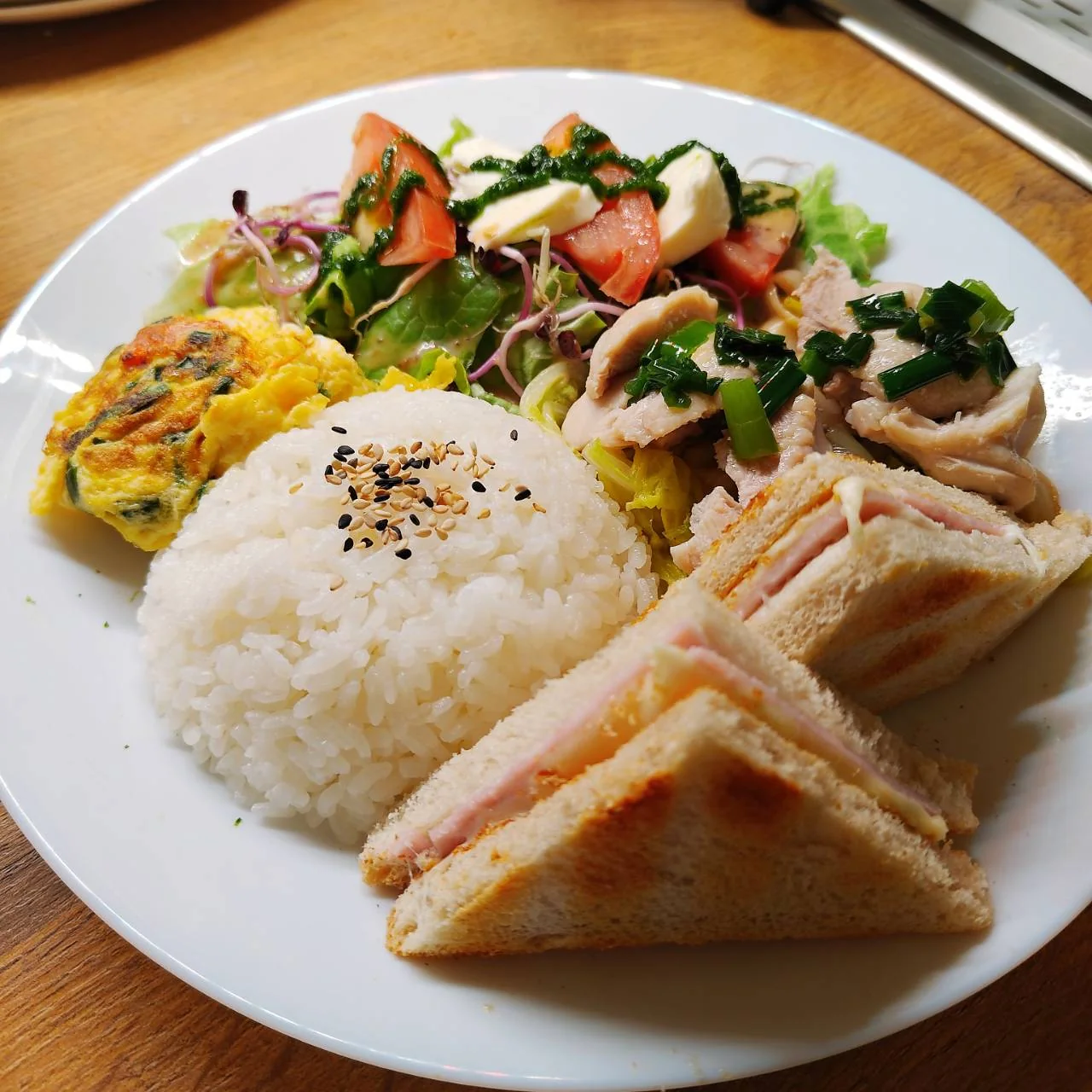 Ein Tagesteller an einem Herbsttag: Reis, Omelett, Hähnchen, Salat und ein warmes Sandwich